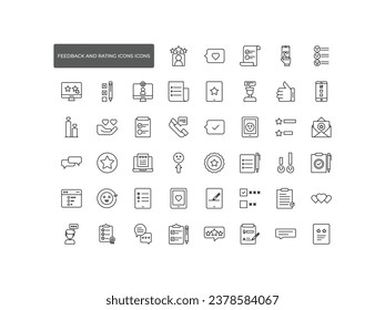 Feedback and Rating Outline Icon Collection. Thin Line Set contains such Testimonials, Quick Response, Satisfaction and more. Simple web icons set.