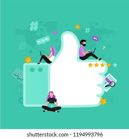 Feedback. Rating. Review. Flat vector illustration for web design with people , thumbs up, red heart and rating star icons.