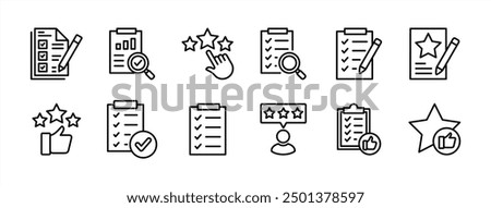 Feedback, rating, review, satisfaction, positive comment, like, opinion, and evaluation icon set. Containing star, checklist, thumb up, customer service, good support, survey, and analysis result