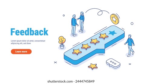 Feedback rating review vector isometric concept. People characters giving five star feedback. Clients choosing satisfaction rating and leaving positive review. Customer service and user experience.