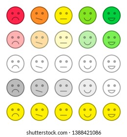 Feedback and rating satisfaction. Customer service quality review. Collection of smiles, various emotions. Beautiful flat icons.