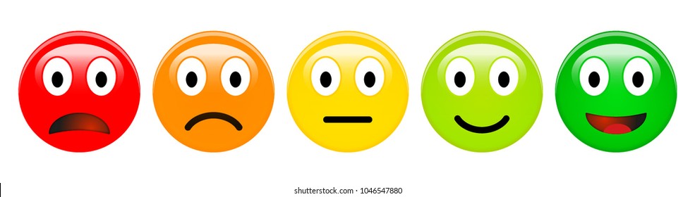 Feedback rating scale of red, orange, yellow and green emoticons, 3d Smiley icons in different colours.