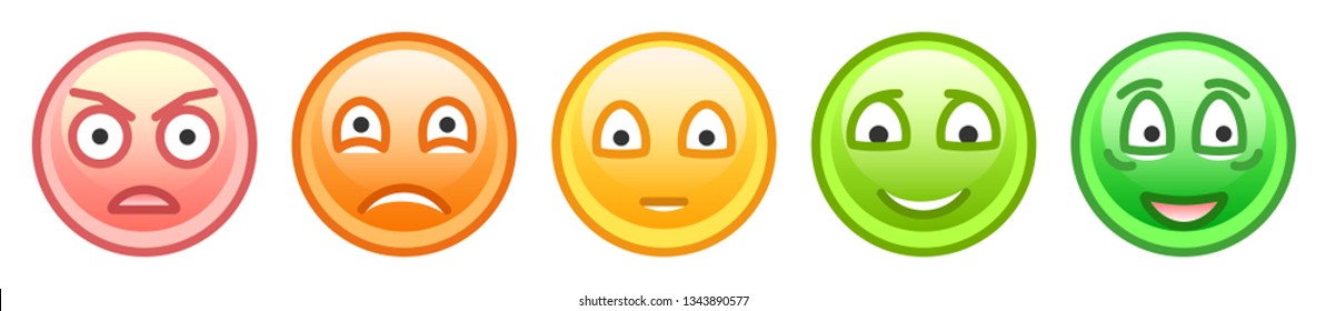 Feedback rating scale of red, orange, yellow and green emoticons, Vector