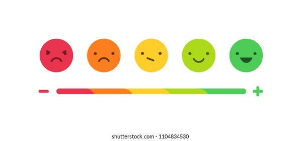 Feedback or rating scale with smiles representing various emotions arranged into horizontal row. Customer's review and evaluation of service or good. Colorful vector illustration in flat style