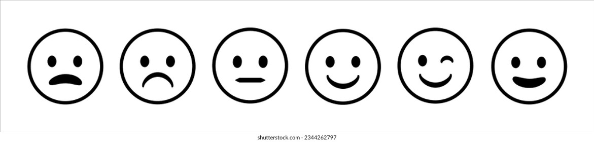 Comentarios. Escala de calificación con sonrisas que representan diversas emociones. Emoticon de humor diferente. Evaluación del servicio. Icono emmoji positivo, neutral y negativo. Ilustración del vector