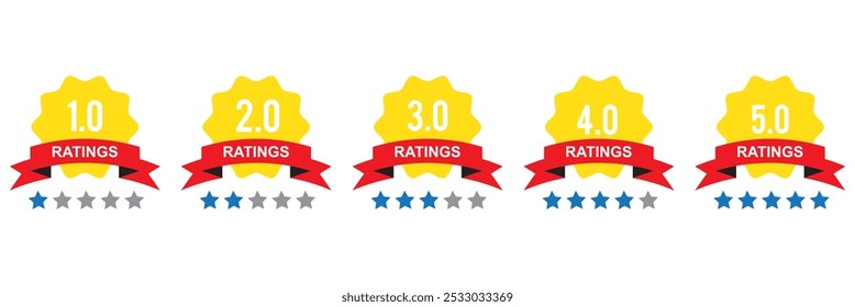 Feedback or rating. Set of rating stars badges with ribbon in a flat design. Customer product rating review. Set of a rating stamp, badge. Rank, level of satisfaction. Vector illustration