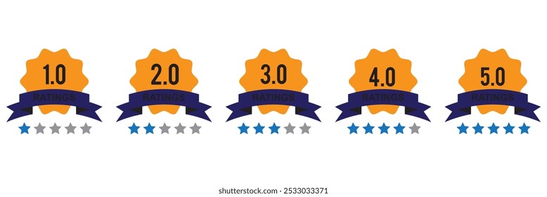 Feedback or rating. Set of rating stars badges with ribbon in a flat design. Customer product rating review. Set of a rating stamp, badge. Rank, level of satisfaction. Vector illustration