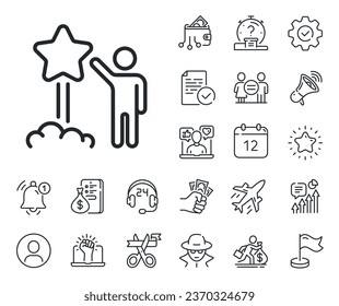 Feedback rating sign. Salaryman, gender equality and alert bell outline icons. Launch star line icon. Customer satisfaction symbol. Star line sign. Spy or profile placeholder icon. Vector