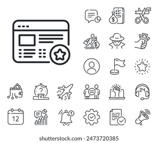Feedback rating sign. Salaryman, gender equality and alert bell outline icons. Star line icon. Web favorite symbol. Favorite line sign. Spy or profile placeholder icon. Online support, strike. Vector