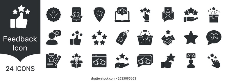 Feedback And Rating Solid Icon Set. Customer Satisfaction, Review, And Evaluation Silhouette Symbol Collection. User Experience And Quality Assessment. Isolated Vector Illustration.