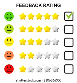 Feedback Rating Star Icon Set. Vector Set of Emoticons. Sad and Happy Mood Icons. Vote Scale Check Mark Symbol Set.