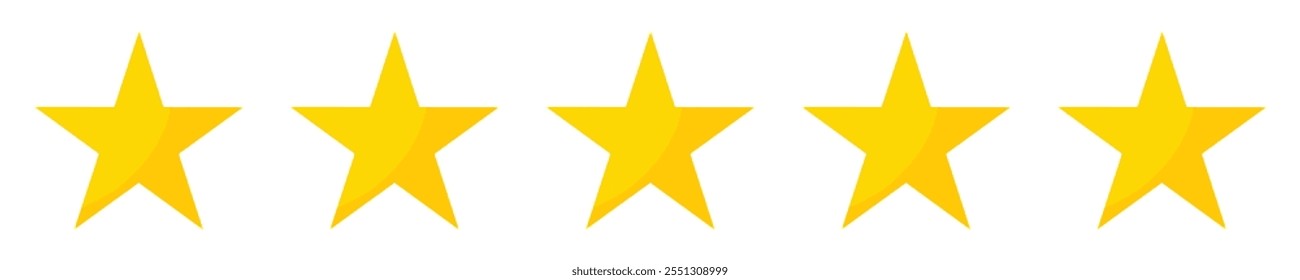 Feedback rating stars icons with shadow. Set of five yellow stars on isolated background. Stars rating review icon for apps, website and mobile. Vector illustration.