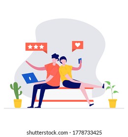 Feedback or rating vector illustration concept with characters. Customer review. Modern vector illustration in flat style for landing page, mobile app, poster, web banner, infographics, hero images.
