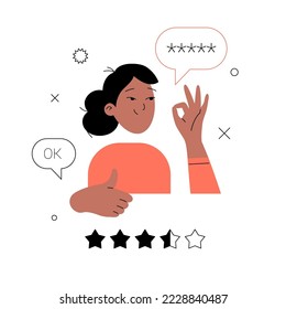 Ilustración vectorial de las mujeres jóvenes con OK y gestos de pulgares hacia arriba. Burbujas de diálogo y iconos de cinco estrellas de clasificación. Carácter para sitios web, aplicaciones móviles, interfaz de usuario. Trazo editable. 