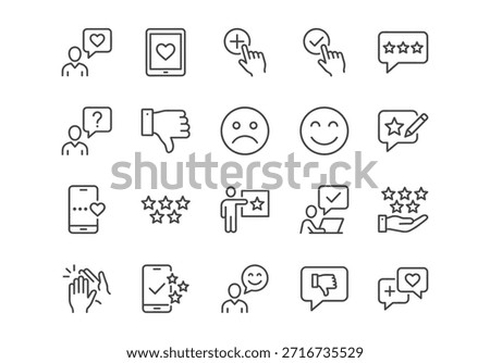 Feedback and ratings line icons. 20 clean black outline vector symbols for customer reviews, support, satisfaction, and user experience.