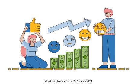 Reacciones de Comentarios y coloridos Elementos de emojis que muestran el crecimiento de los gráficos financieros y el aumento de las tendencias de rendimiento de la inversión Vector de dibujos animados. Puede ser utilizado para la historieta, el Sitio web, el Anuncio, brosur, flayer