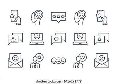 Feedback related line icon set. Testimonials linear icons. Review and survey outline vector sign collection.