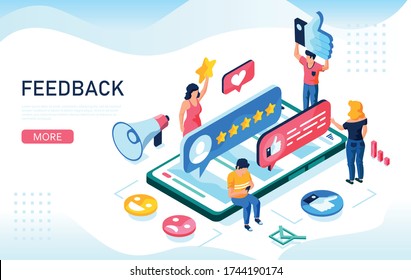 Opiniones, reputación y concepto de calidad. La gente valora la calidad del servicio. Puedes usar, para página de inicio web, aplicación móvil, plantilla de banner. 
