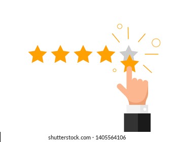 Feedback, Reputation, Quality, Customer Review Concept Flat Style. Businessman Hand Finger Pointing Five Golden Star Rating. Vector Illustration