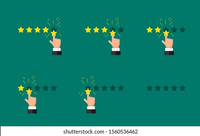 Feedback reputation quality customer review concept set. Businessman hand finger pointing five four three two one zero golden star rating. Vector satisfaction flat illustration on green background