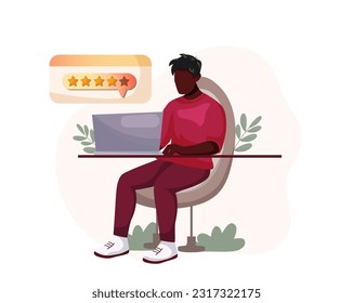 Feedback and review. black character at the computer leaves a review. Vector.