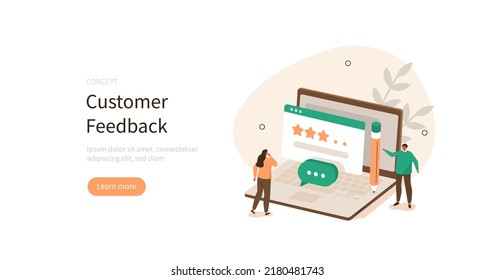 Feedback and review. Character asking customer for opinion. Customer service and user experience concept. Vector illustration.