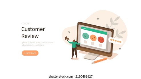 Feedback And Review. Character Asking For Positive, Negative Or Neutral Feedback And Survey. Customer Service And User Experience Concept. Vector Illustration.