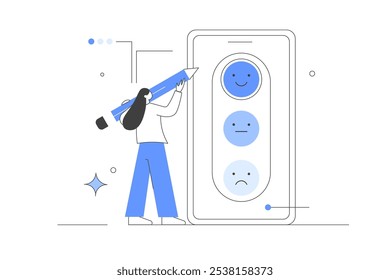 Feedback and review. Character choosing emoji to show positive, negative or neutral satisfaction rating and filling survey. Customer service and user experience. Vector Illustration, icon. Stylish