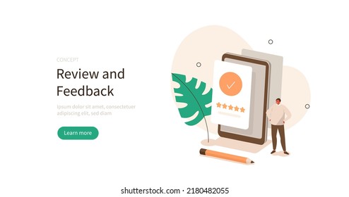 Feedback and review. Character successfully fill survey form online and give five star positive opinion. Customer service and user experience concept. Vector illustration.