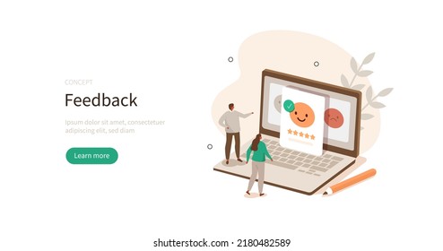 Feedback and review. Characters choosing emoji to show positive, negative or neutral satisfaction rating and filling survey. Customer service and user experience concept. Vector illustration.
