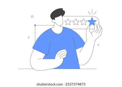 Comentários e conceito de revisão. Personagem dando feedback positivo. 5 estrelas. Escala de classificação e satisfação do cliente. Ilustração de vetor, ícone. Elegante, linha minimalista, abstrato