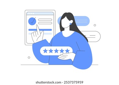 Feedback and review concept. Character giving positive feedback and filling survey form. Rating scale and customer satisfaction. Vector Illustration, icon. Stylish, Minimalist line, abstract