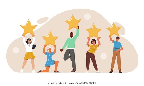 Feedback or Review concept. Group of smiling positive customers hold five gold stars and rate quality of product. Perfect or best service. User Satisfaction Rating. Cartoon flat vector illustration