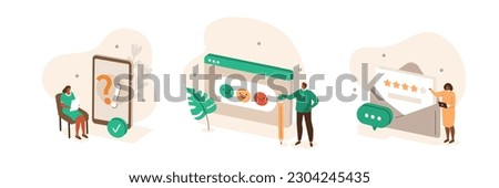 Feedback and review concept illustration set. Characters asking and giving positive five star evaluation and showing customer satisfaction on rating scale. Vector illustration.