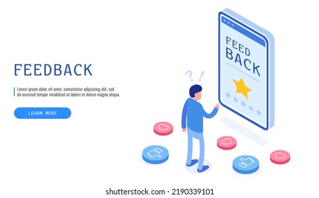 Feedback and review concept. Man looks on smartphone screen and tries to leave feedback. Web banner. Vector illustration. 