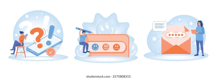 Feedback and review concept. Provide an assessment with a mood indicator with a smiling face and give a five-star rating. Online Survey Concept. Set flat vector illustration.