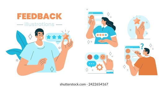 Feedback and review concept set. Collection of characters giving positive feedback and filling survey form. Rating scale and customer satisfaction. Vector illustration 