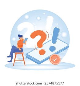 Feedback and review concept. A woman considers a decision marked with a mobile device and a question mark. Online Survey concept. Flat vector illustration.