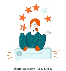 Feedback review concept,girl with five star rating flat illustation