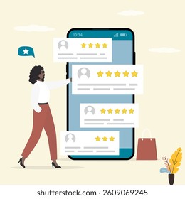 Feedback and review. Female character giving positive feedback in mobile application. Woman consumer with feedback in helpdesk service. Customer satisfaction concept. flat vector illustration