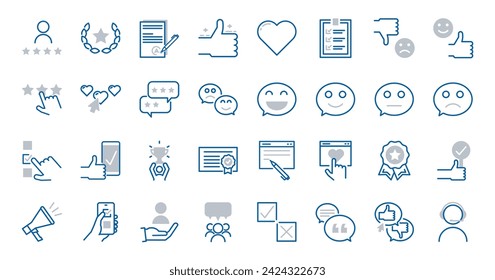 Conjunto de iconos de comentarios y opiniones: 32 iconos vectoriales de trazos editables para la satisfacción del cliente y la evaluación del servicio. Esencial para encuestas en línea, testimonios y análisis de la experiencia del usuario