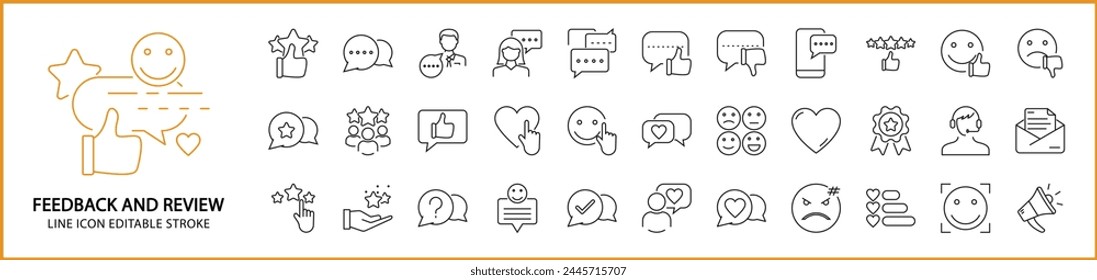 Feedback and review icons. Feedback icons. Review icons. Icon set. Line icons editable stroke. Vector illustration. Customer experience.