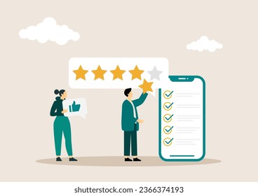 Feedback and review illustration . Characters giving positive feedback to helpdesk service. Rating scale and customer satisfaction concept. Vector illustration.