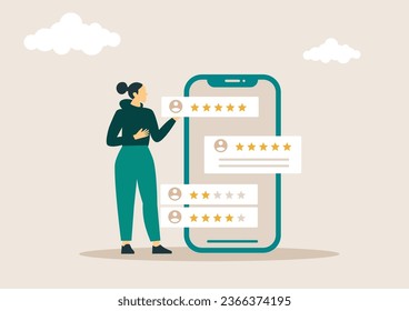 Feedback and review illustration . Characters giving positive feedback to helpdesk service. Rating scale and customer satisfaction concept. Vector illustration.