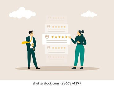 Feedback and review illustration . Characters giving positive feedback to helpdesk service. Rating scale and customer satisfaction concept. Vector illustration.