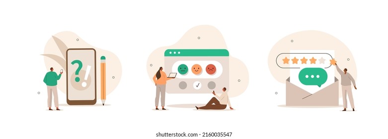 Feedback and review illustration set. Characters giving positive feedback to helpdesk service. Rating scale and customer satisfaction concept. Vector illustration.
