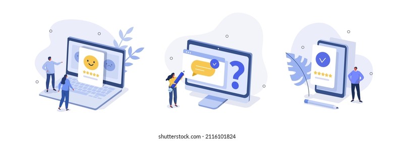 Feedback and review illustration set. People characters asking helpdesk a questions and giving positive feedback. Customer support and FAQ concept. Vector illustration.