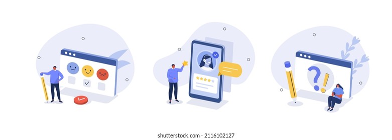 
Ilustración de comentarios y revisión. Personajes de la gente haciendo preguntas, revisando y eligiendo emoji para mostrar la satisfacción. Soporte al cliente y concepto de preguntas frecuentes. Ilustración vectorial.