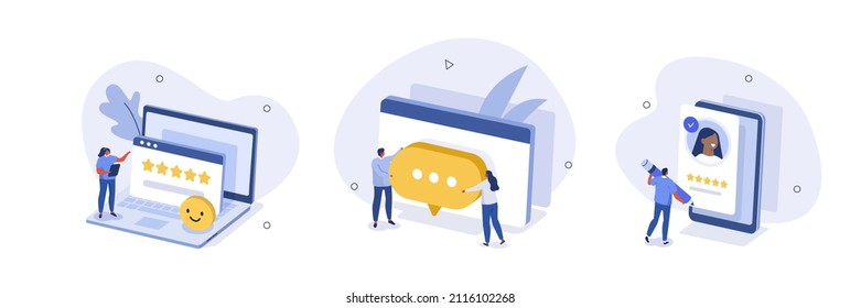 Feedback and review illustration set. People characters giving helpdesk service five star feedback and writing positive comments. Customer support and FAQ concept. Vector illustration.
