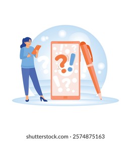 Feedback and review illustrations. A woman fills out a survey and assessment form on a smartphone. Online Survey concept. Flat vector illustration.